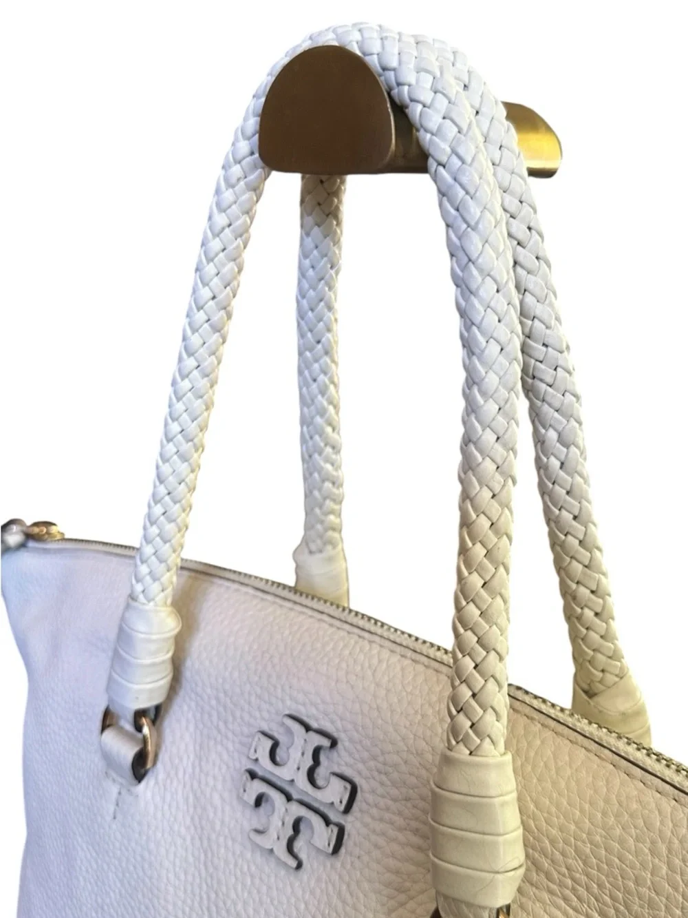 Tory Burch Pebbled Leather Ivory Satchel Tote Crossbody Bag w Dust Bag